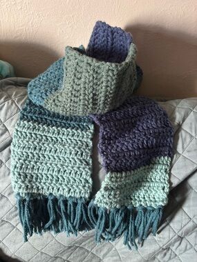 Handmade Crocheted Women's Scarf and Headband Set in Teal, Seafoam, and Lavender